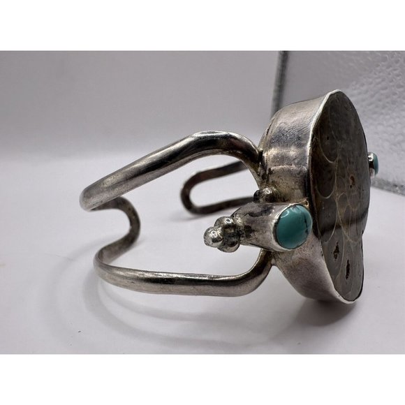 Native American Sterling Silver Statement Cuff Fossilized Nautilus w/ Turquoise - Picture 8 of 13